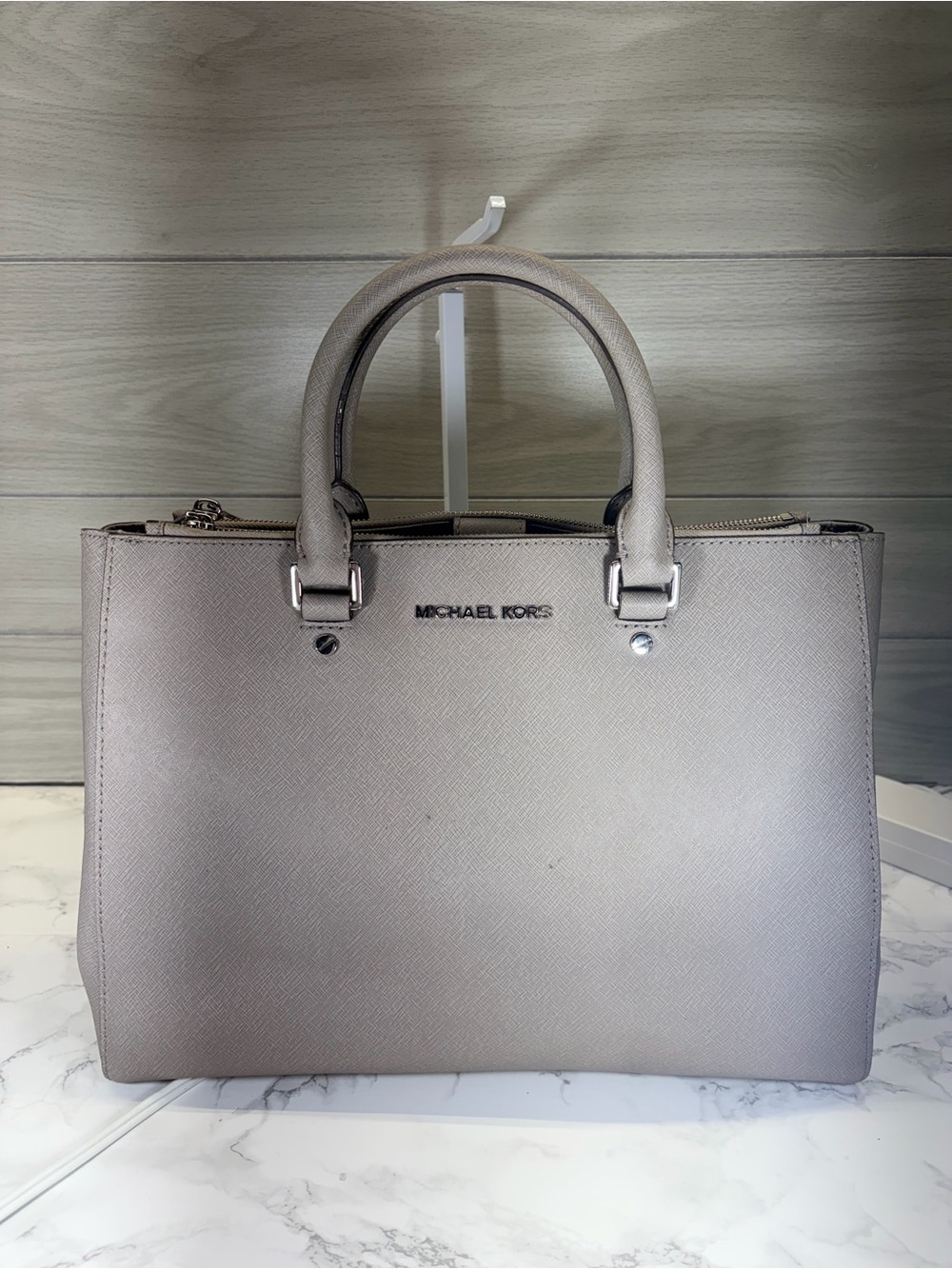 Michael Kors Structured Saffiano Satchel in Taupe Gray